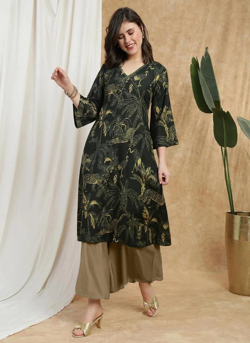 globus Globus Women Olive V-Neck Bell Sleeves Tropical Wildlife Print Thread Work A-Line Kurta